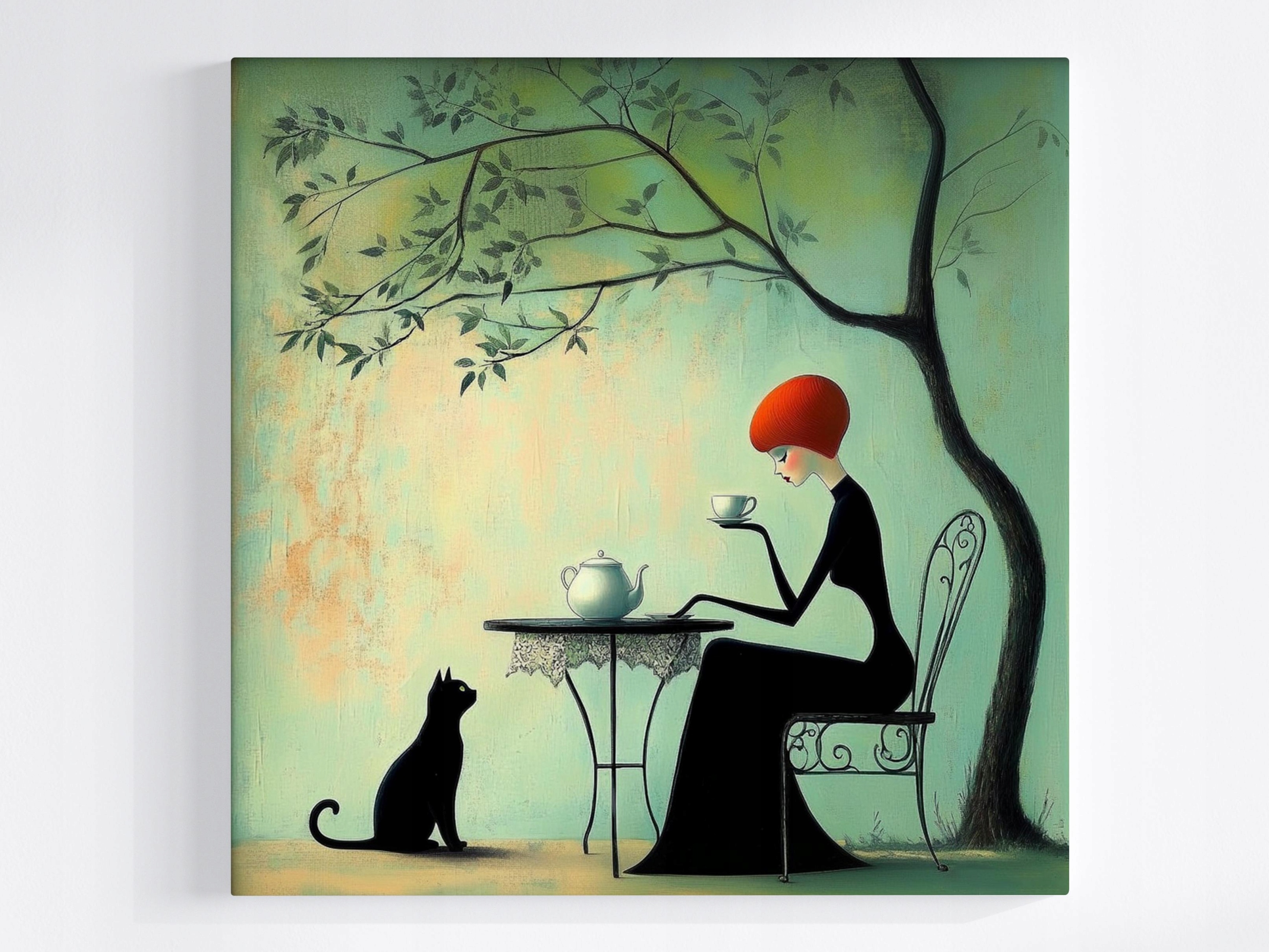 Obraz Na Plátně Canvas Grafika Kavárna Žena Kočka Káva Vintage 60x60