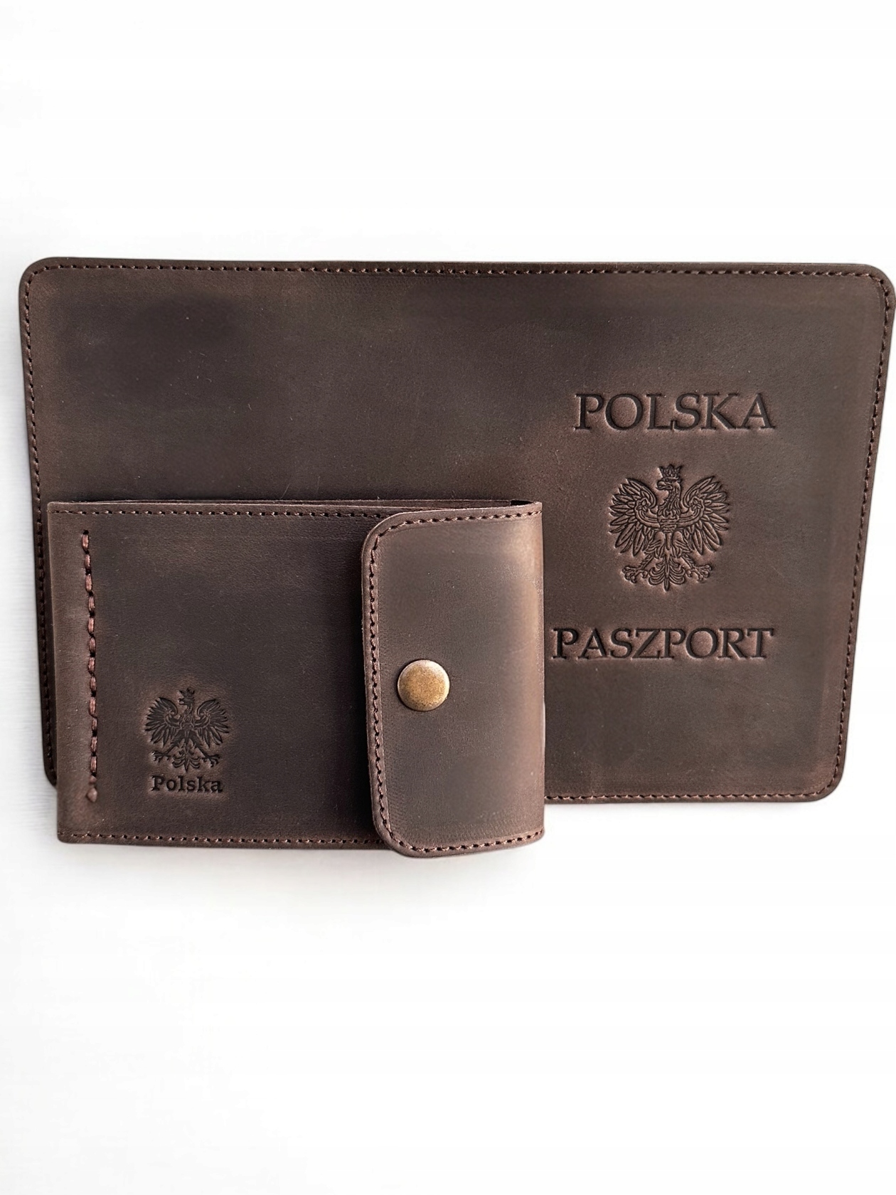 Kožený set: Obal na cestovní pas a peněženka s klipem Polsko