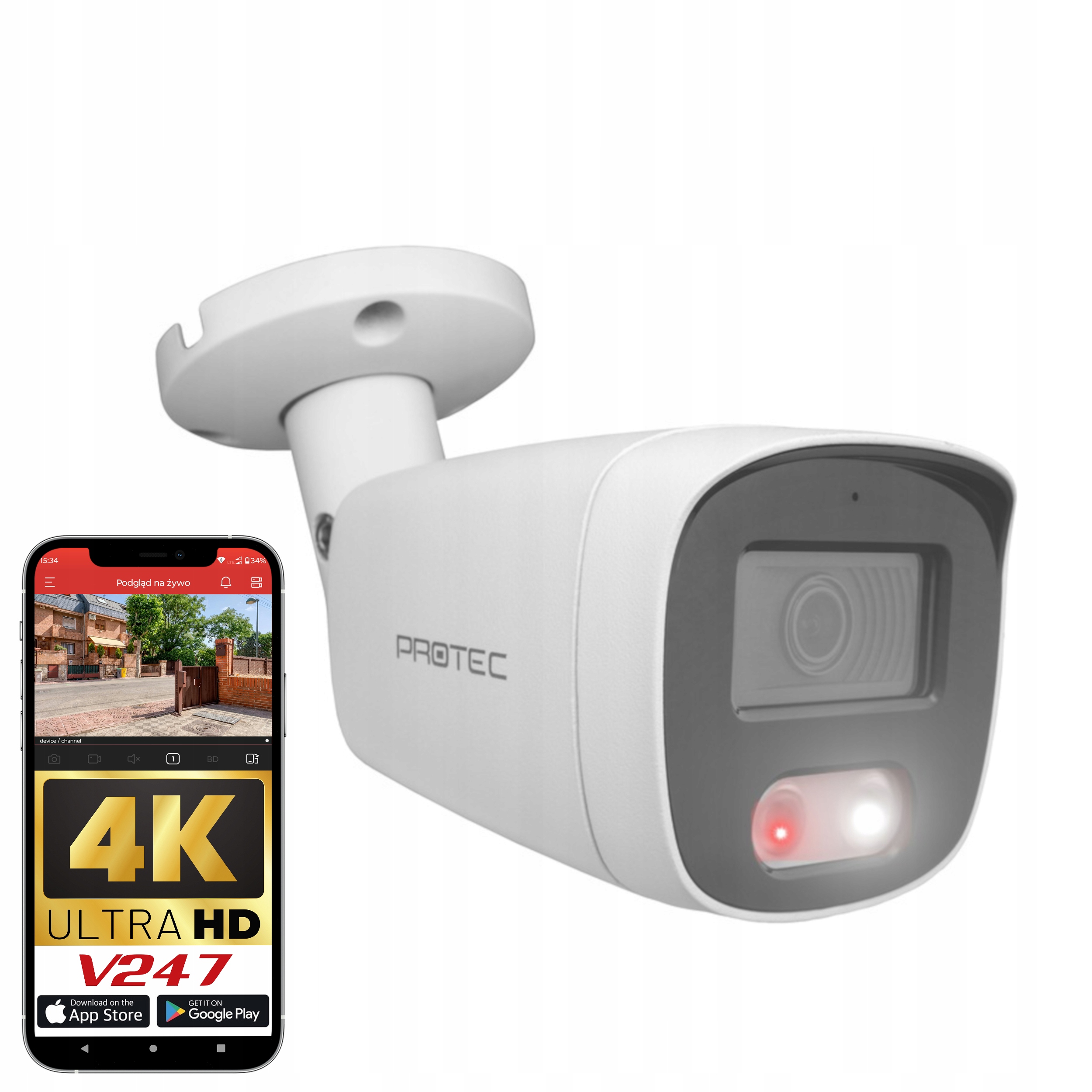 Kamera IP 8MP PROTEC tubowa IP67 zewn POE detekcja ruchu światło białe 4K