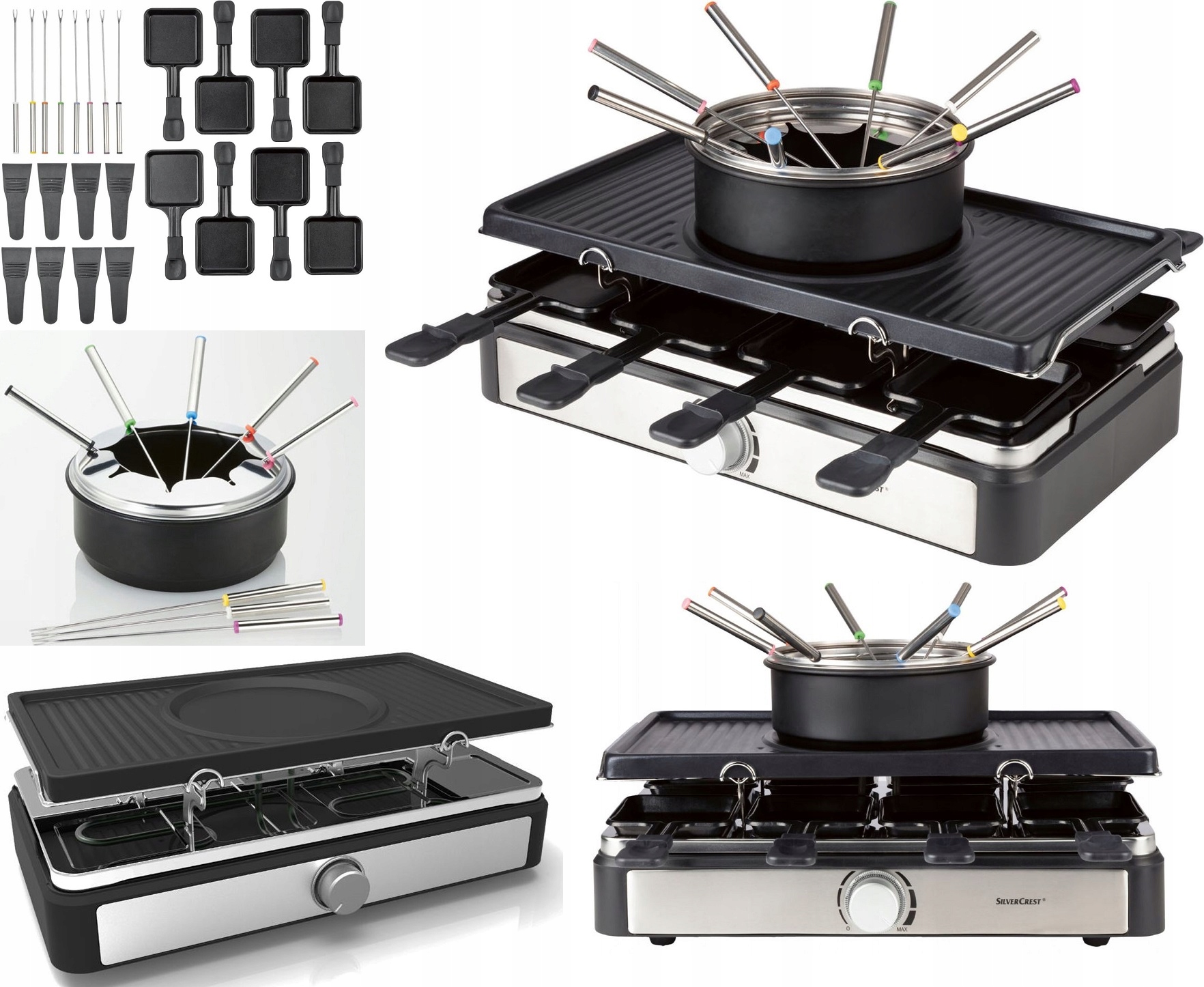 3v1 Grill Raclette Deska Fondue 8 Patelek Hrnec a vidličky termostat