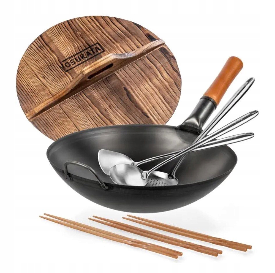 Yosukata Sada Wok 36 cm Uhlíková oceľ Drevená pokrievka Príslušenstvo pre wok