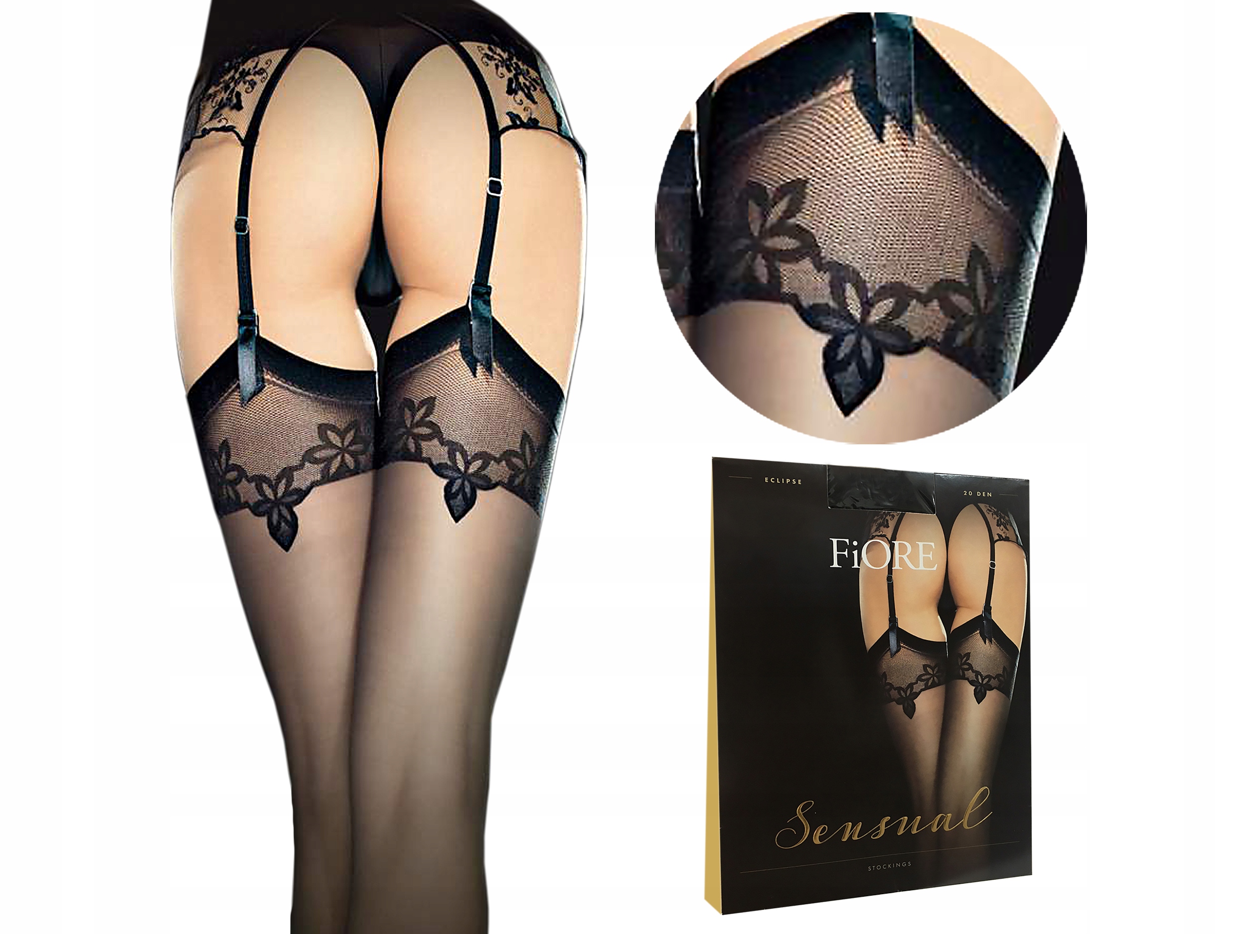 Fiore pończochy do paska Eclipse, szew, czarny 2-S