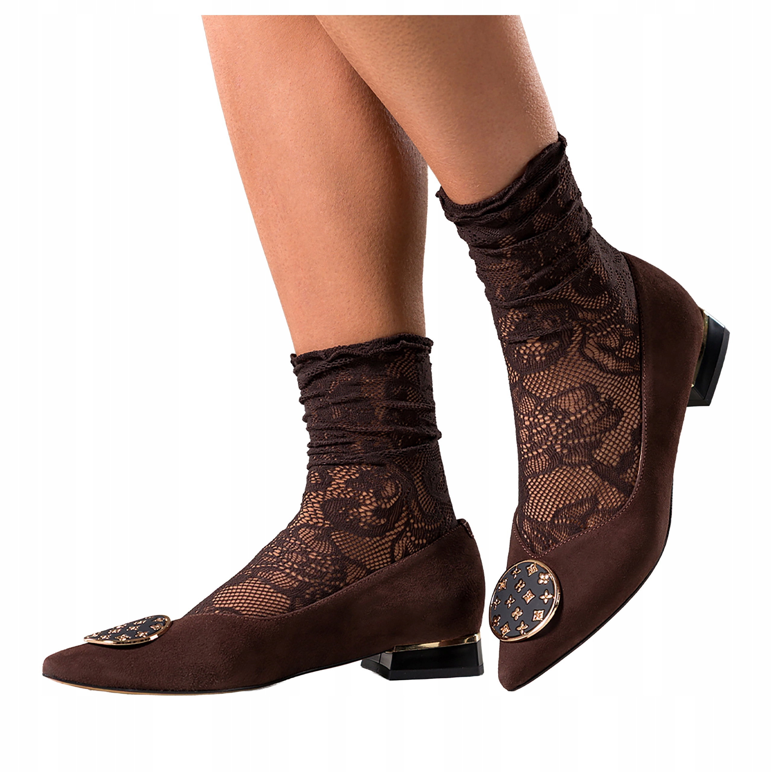 Baleríny Čokoládové Dámské Kožené Polské Nízké Podpatky Zlatá Ozdoba r 39