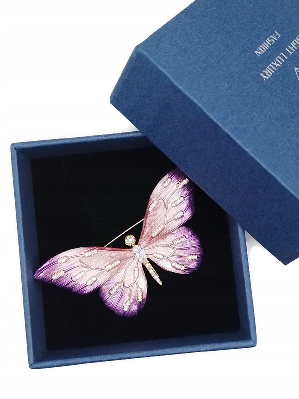 Luxusní Brož Přívěsek Motýl Lila Růžová Zlatá 14K Gp Krabička Jako Dárek