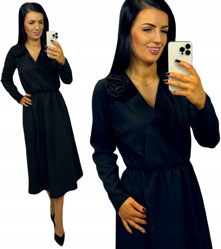 Šaty midi s zavinovacím výstřihem zdobená růží, délka 7/8 černá L