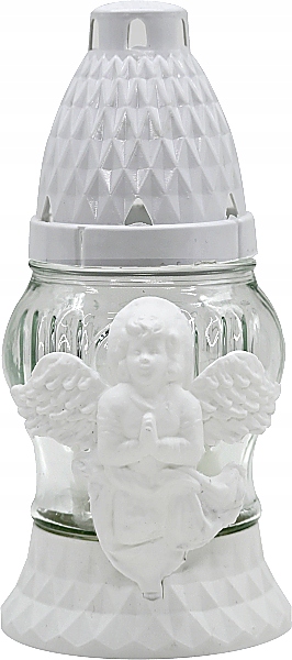 Znicz szklany LA11 14cm, wkład 30g, czas palenia 8h, aplikacja ANIOŁ biały