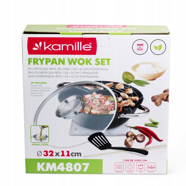 Wok Żeliwny Marmur Patelnia 32cm Pokrywa