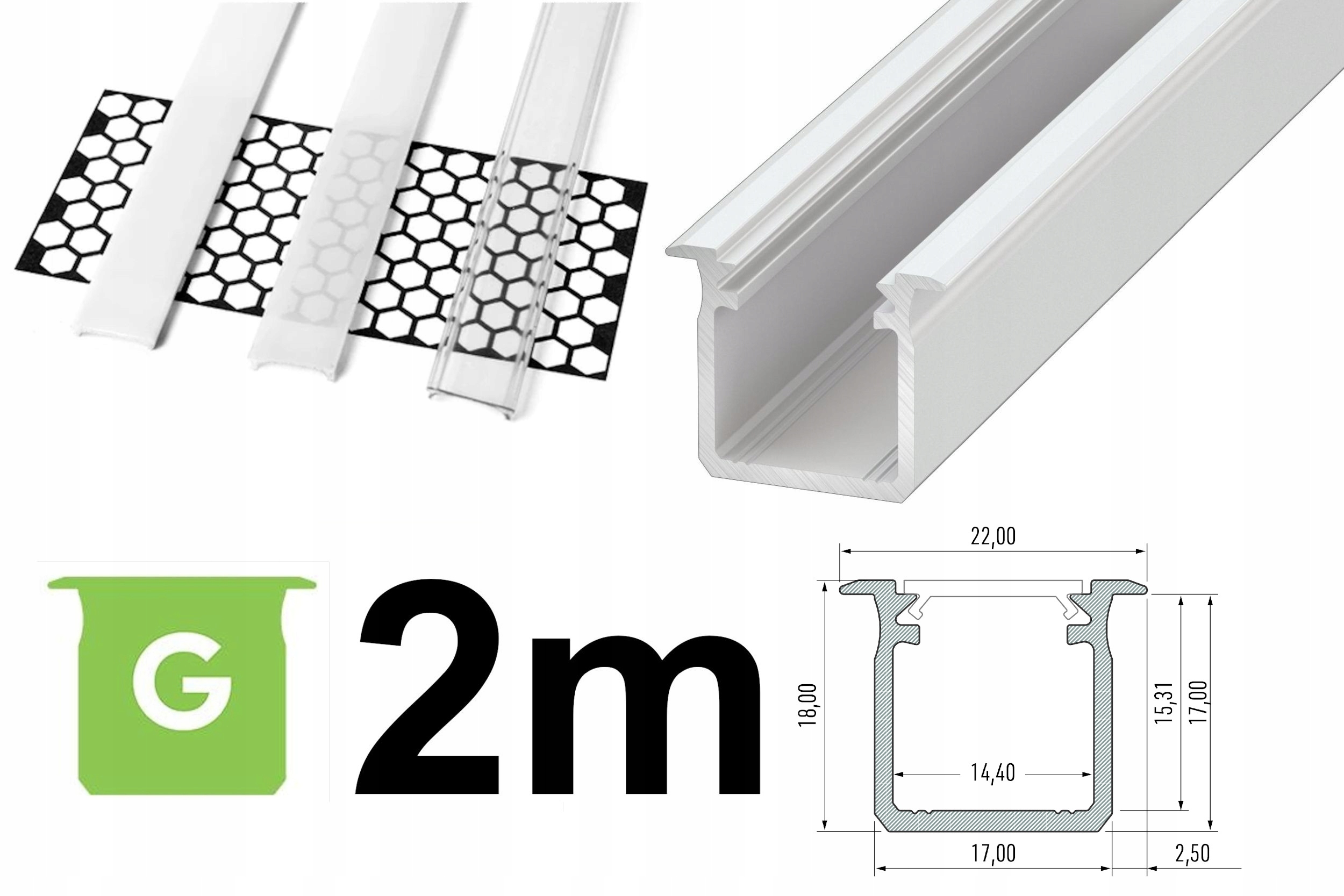 PROFIL LED WPUSZCZANY DO TYNKU G +KLOSZ 2m BIAŁY