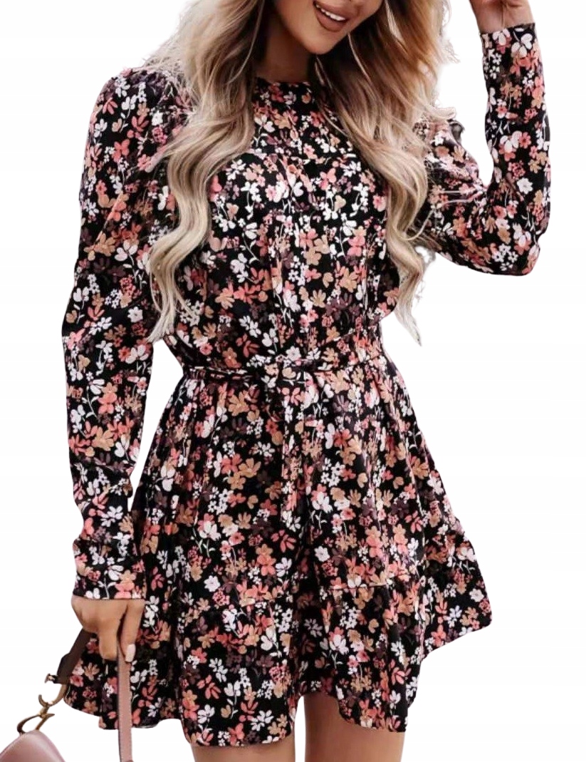 Sukienka mini rozkloszowana kwiatowy wzór