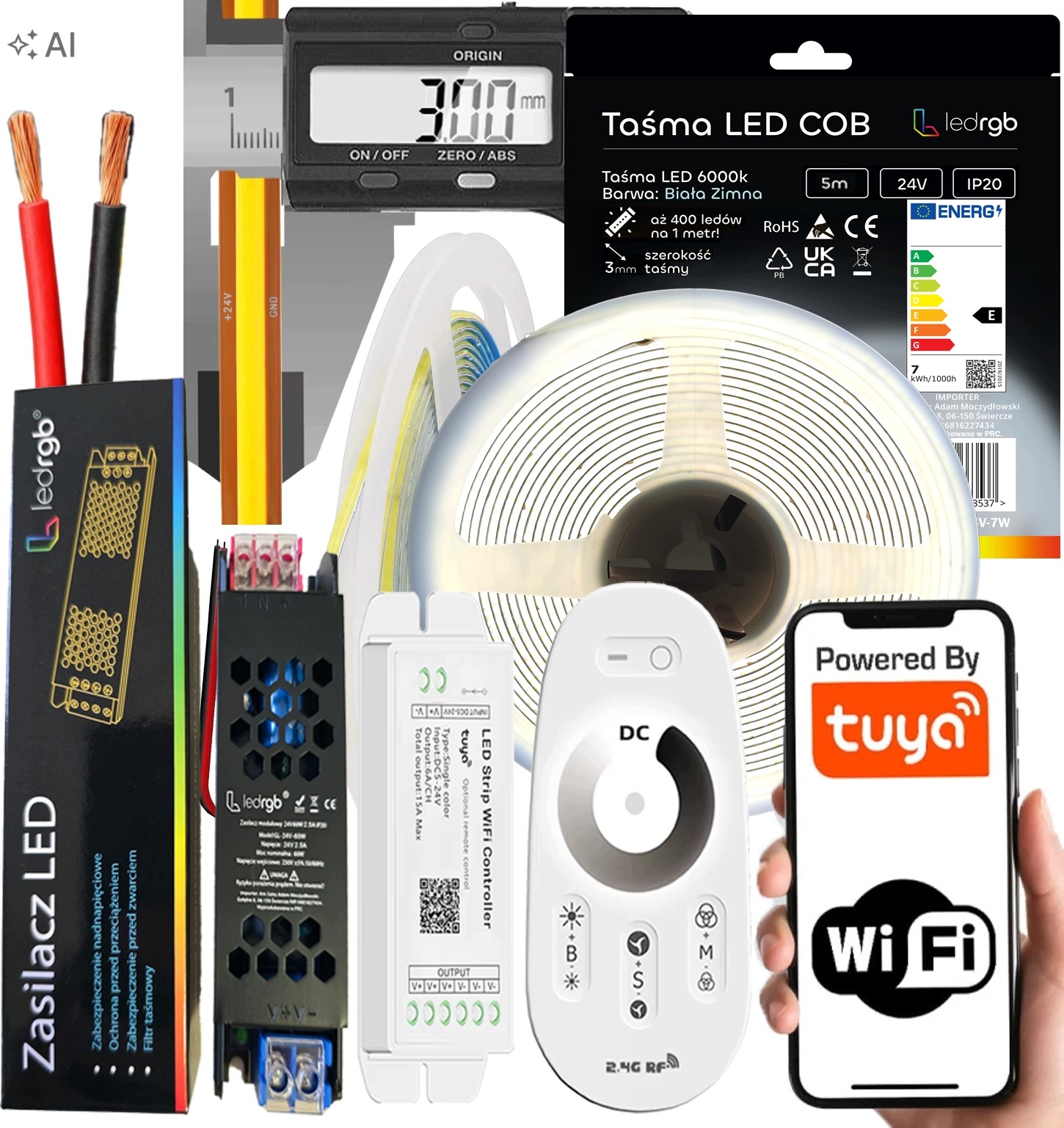 Set Led pásek Neon Cob 24V 5 m 6000K Bílý Wifi Ultra Tenký 3MM Dálkový Ovladač Rf