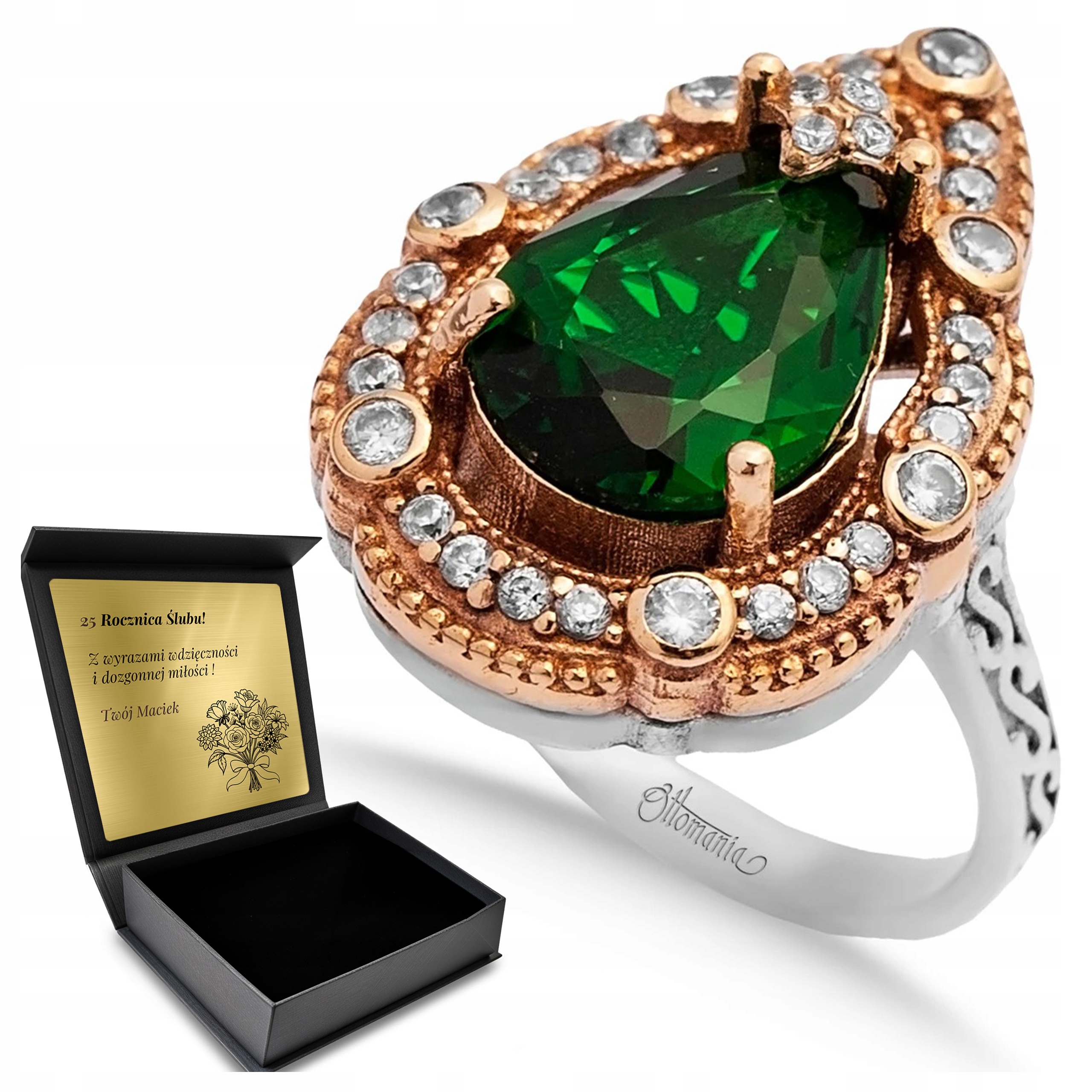 Prstýnek Zirkony Smaragd Dárek k Valentýnu Gravírování Bonus