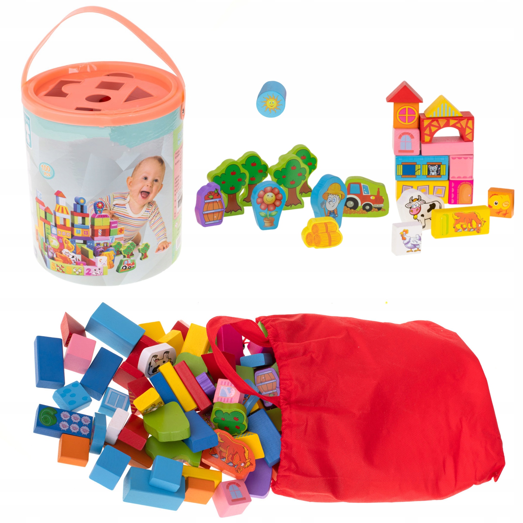 KLOCKI DREWNIANE Edukacyjne 100SZT Wiaderko Sorter