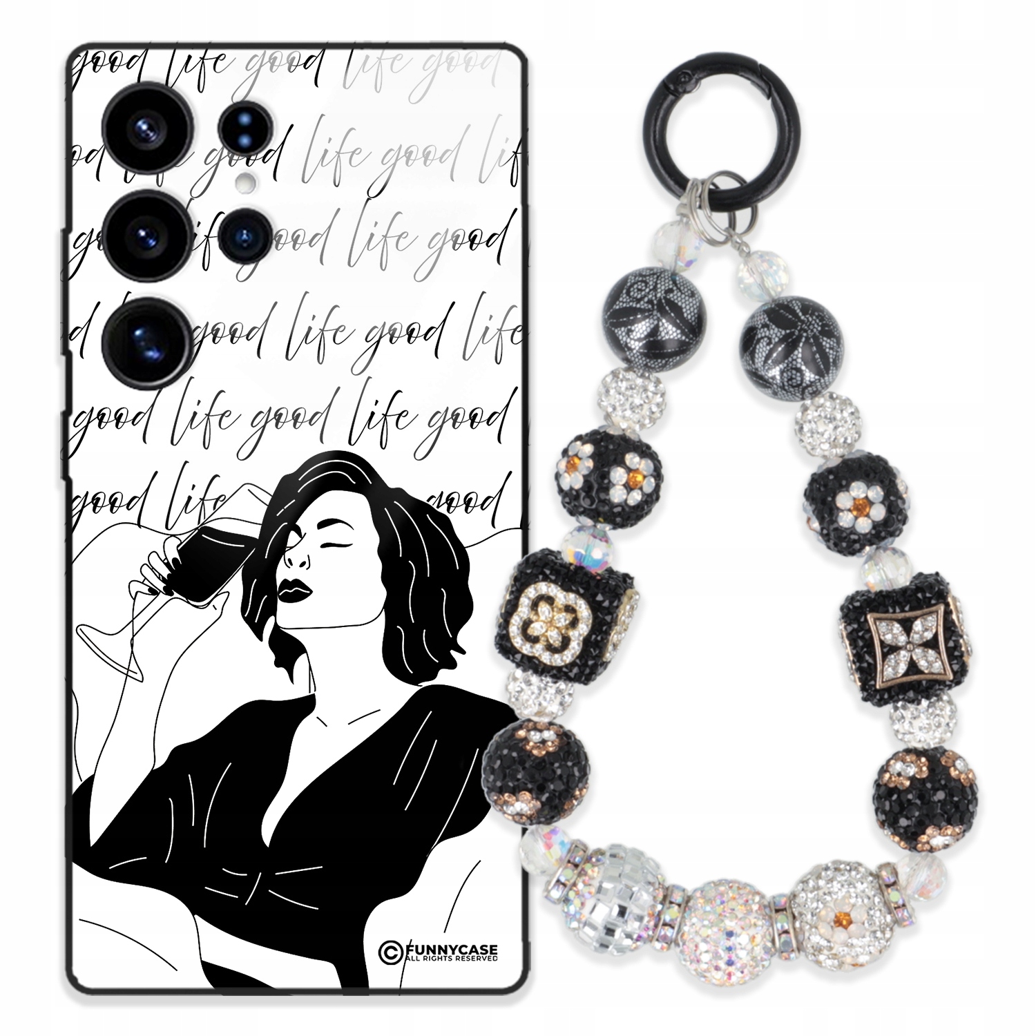 Puzdro Pre Samsung S25 Ultra Glass Art Čiernobiela Kľúčenka, Strieborné Zirkóny