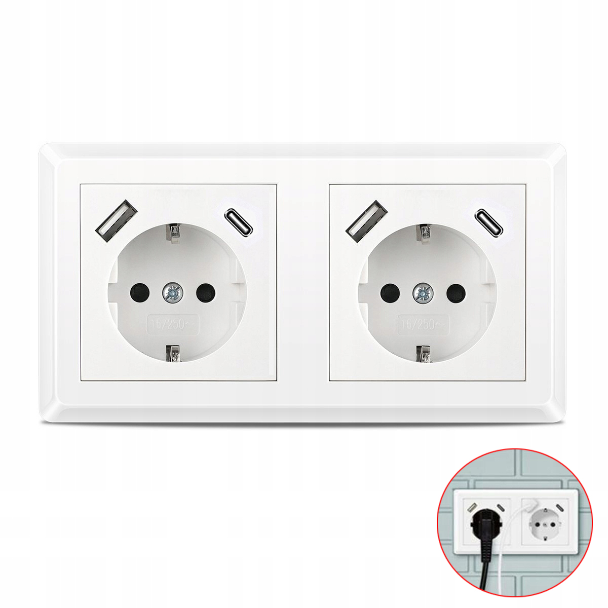 Usb Zásuvka Dvojitá S Nabíječkou Usb A+c 16A 250V Bílá