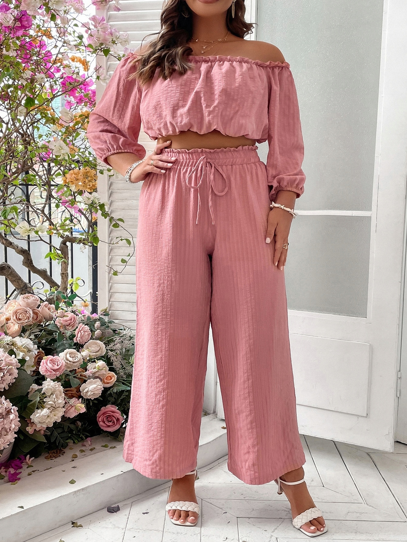 KOMPLET LETNI TOP CROP MARSZCZONY + SPODNIE PAPERBAG CASUAL SHEIN 5XL 50 Marka Shein