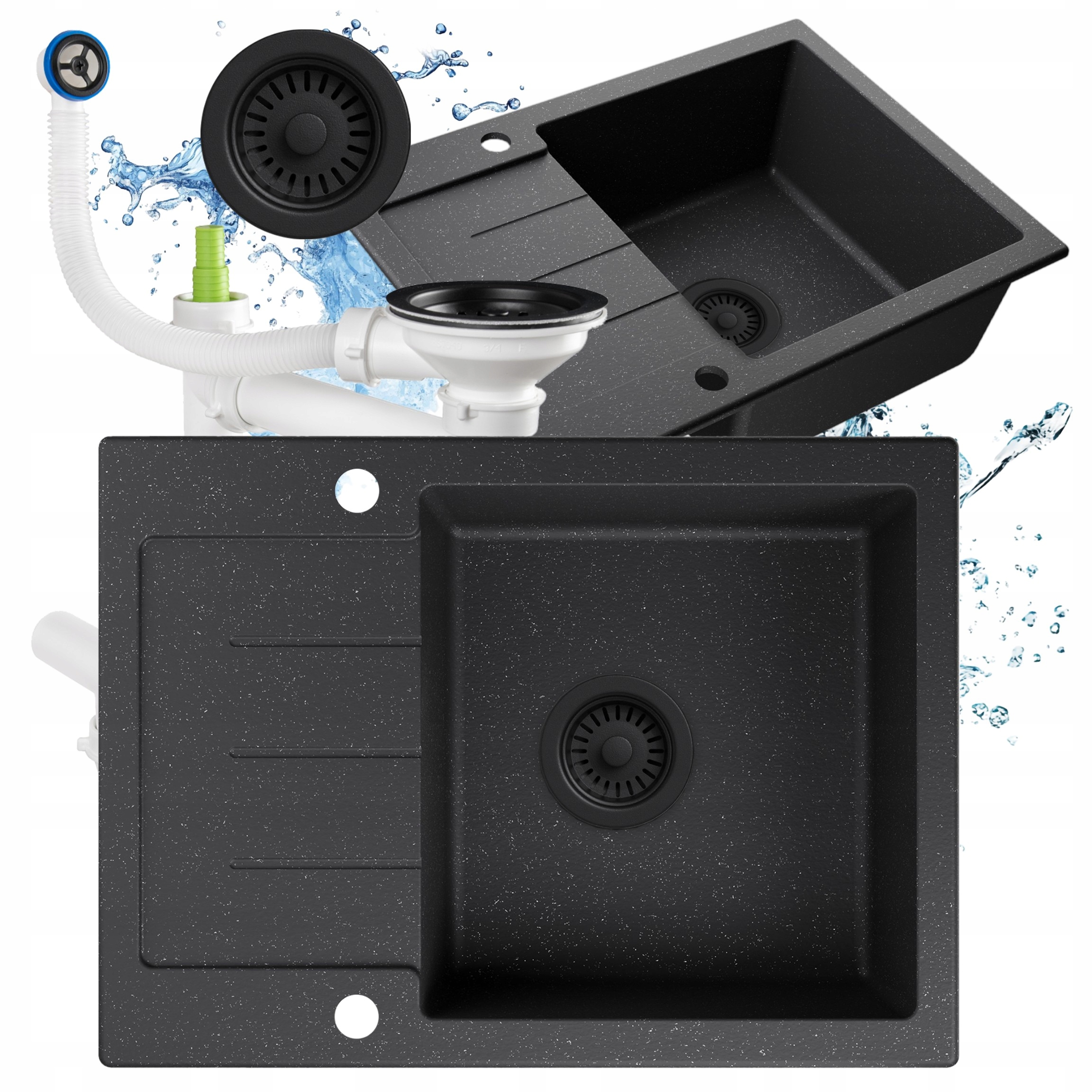 Dřez granitový, skvrnitý, jednokomorový, 60.2 x 44.2 cm, odkapávač sifon