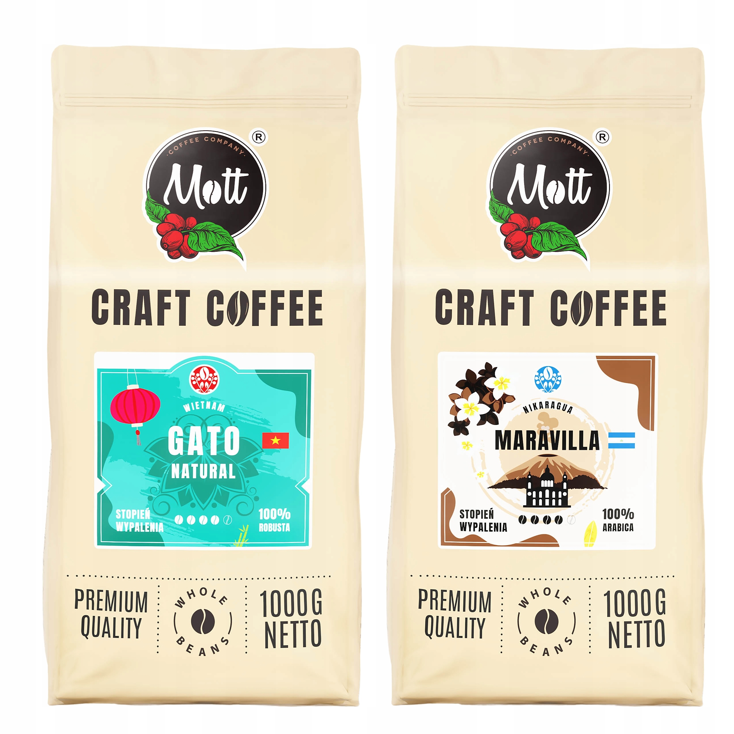 Levně Káva zrnková Sada 2 kg Arabica Robusta Čerstvě pražená Mott Coffee