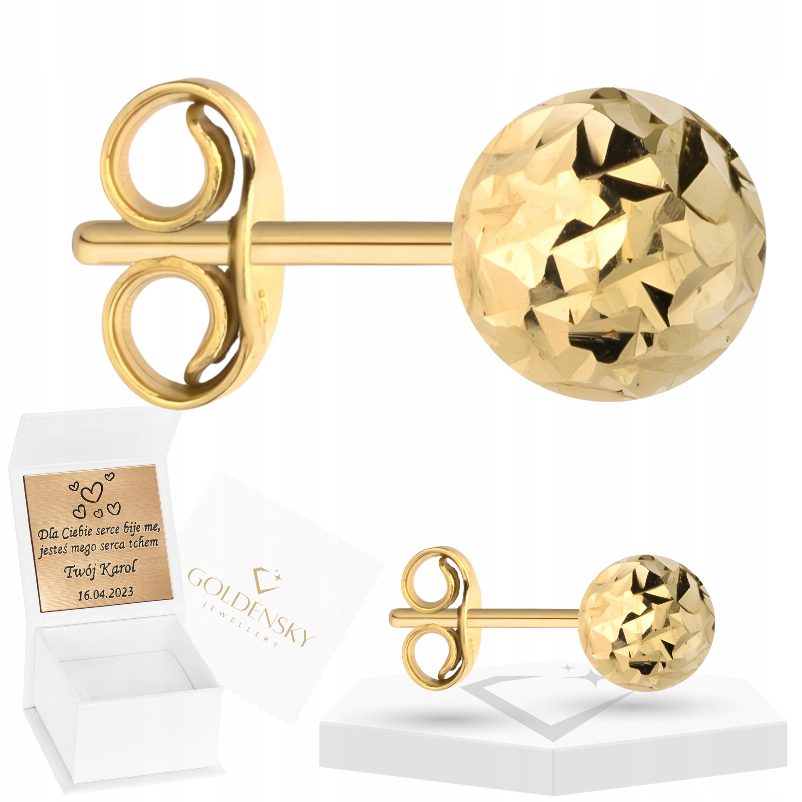 Złoty kolczyk Kulka Diamentowana 5mm 333 Grawer