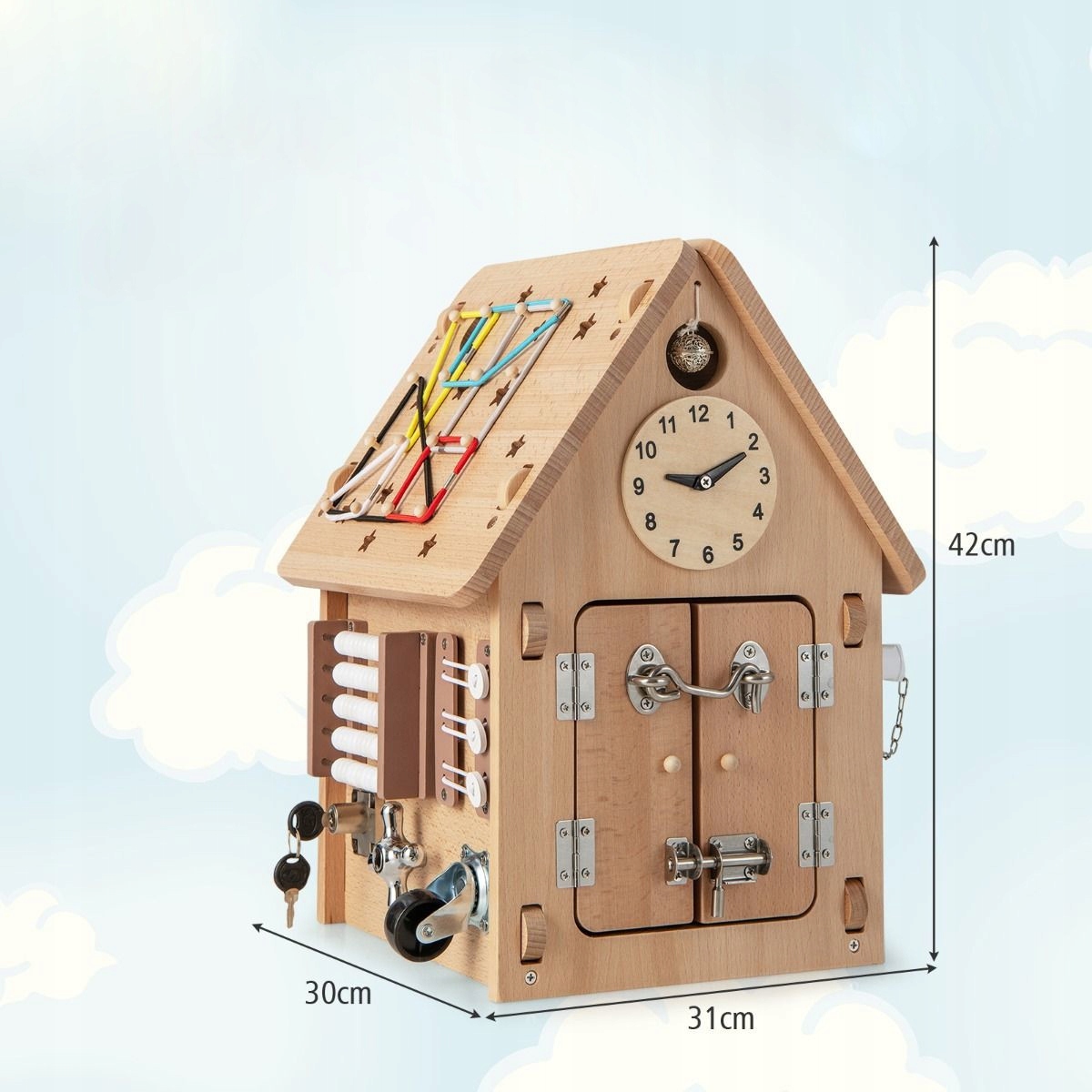 Drewniany Domek manipulacyjny Tablica sensoryczna Wiek dziecka 3 lata +