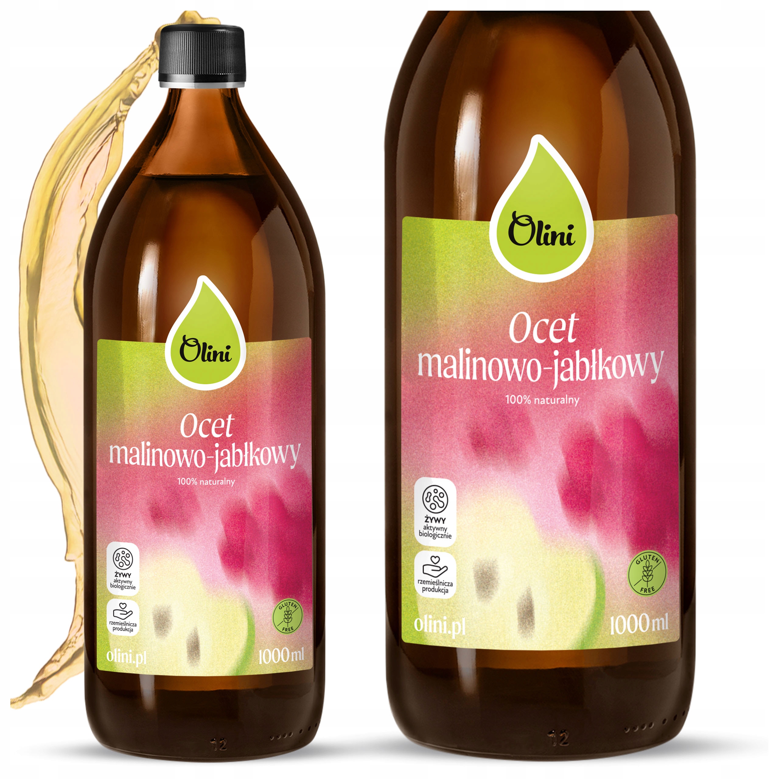 Malinový a jablečný ocet nepasterizovaný, nefiltrovaný, 1 l Olini