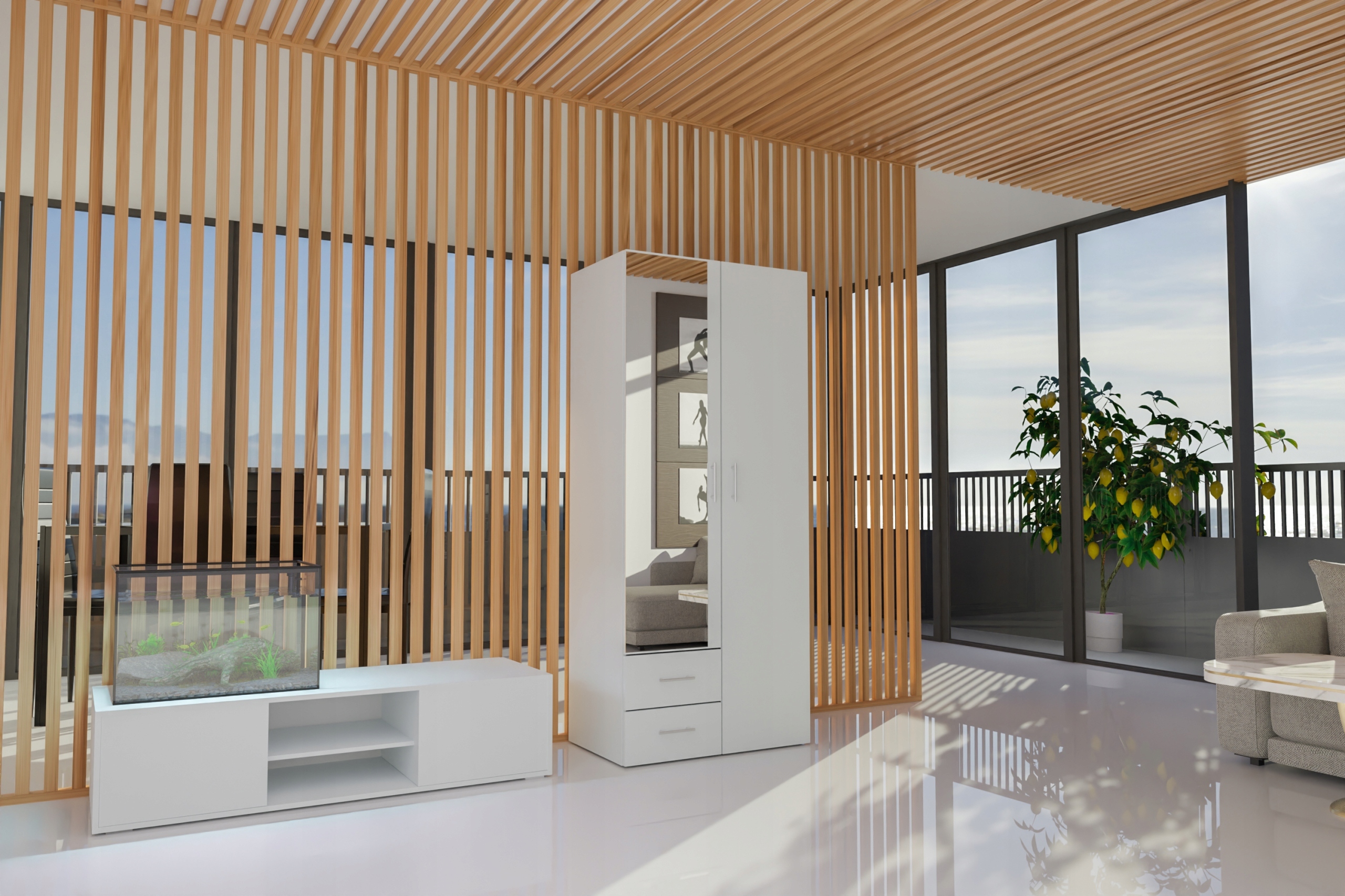 SZAFA CASPIAN 3 Z LUSTREM - BIAŁA - SZAFA UCHYLNA Z SZUFLADAMI Marka Caspian