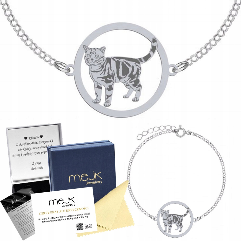 Stříbrný náramek s kočkou American Shorthair 925 Dárek Gravírování Bonus