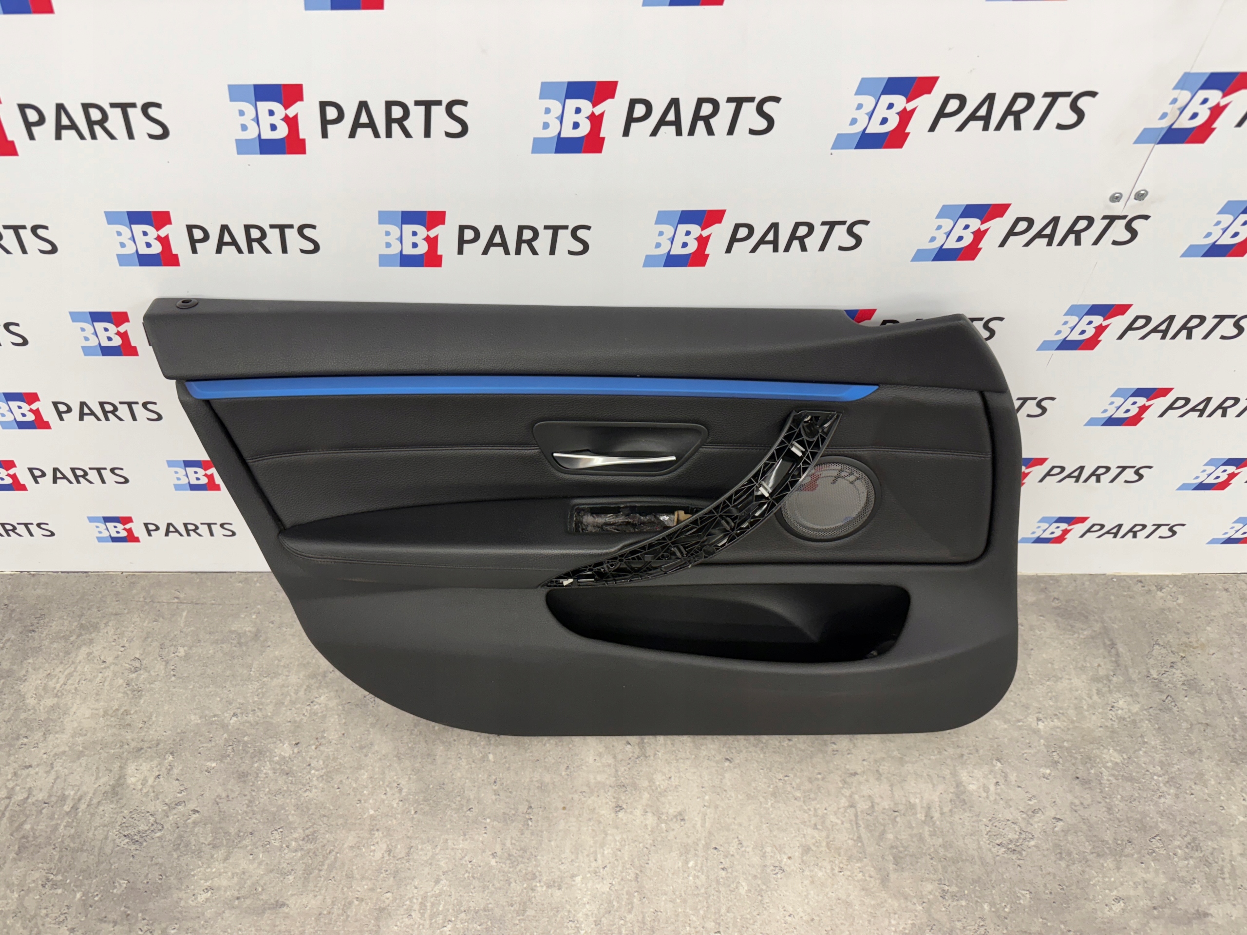BMW F36 side door left front black leather blue moulding