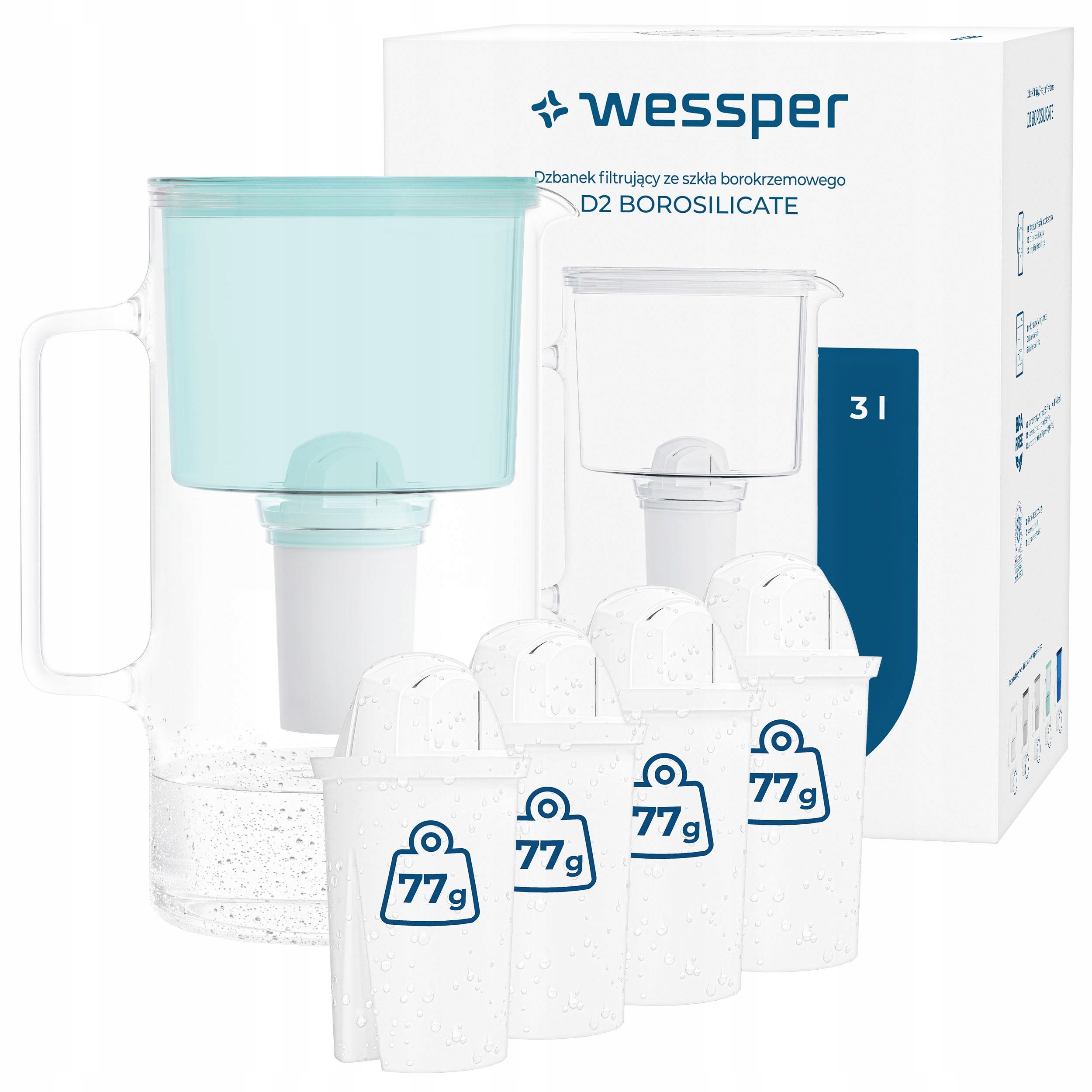 Dzbanek Szklany Wessper D2 Borosilicate 3l 5x Filtr Wessper aquaclassic