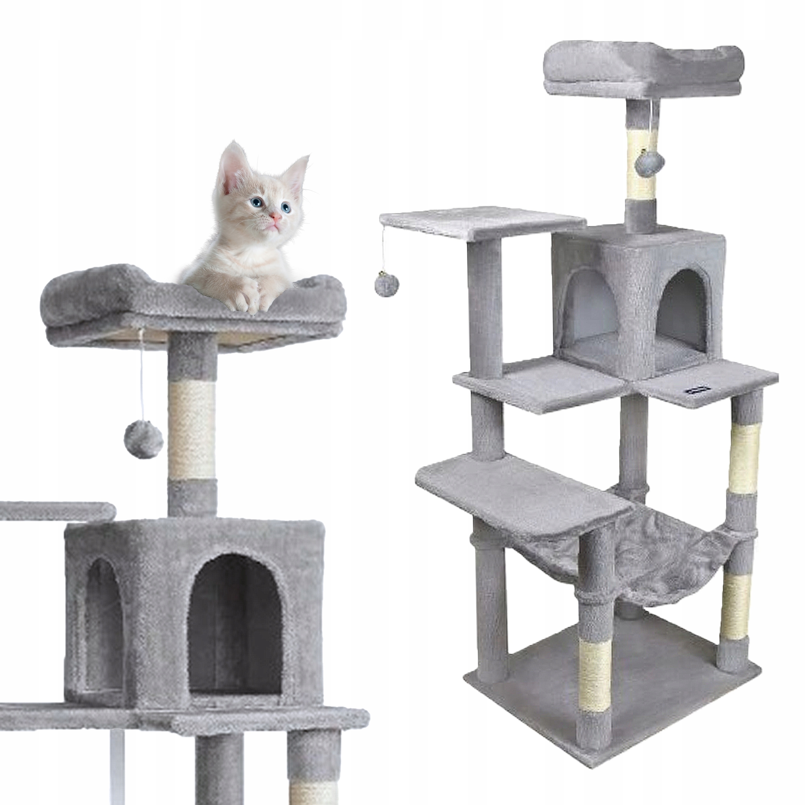 Levně Škrabadlo pro kočky Gaczoo velká věž pelíšek světle šedý 55 x 45 x 143 cm