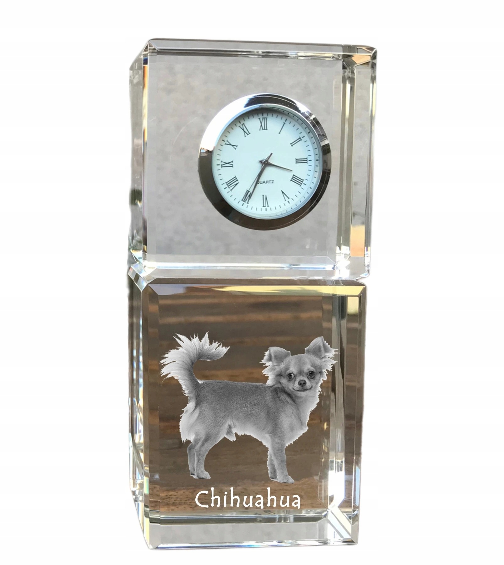 Chihuahua dlhosrstý krištáľový stolný hodinový strojček so psom, s vašou fotografiou