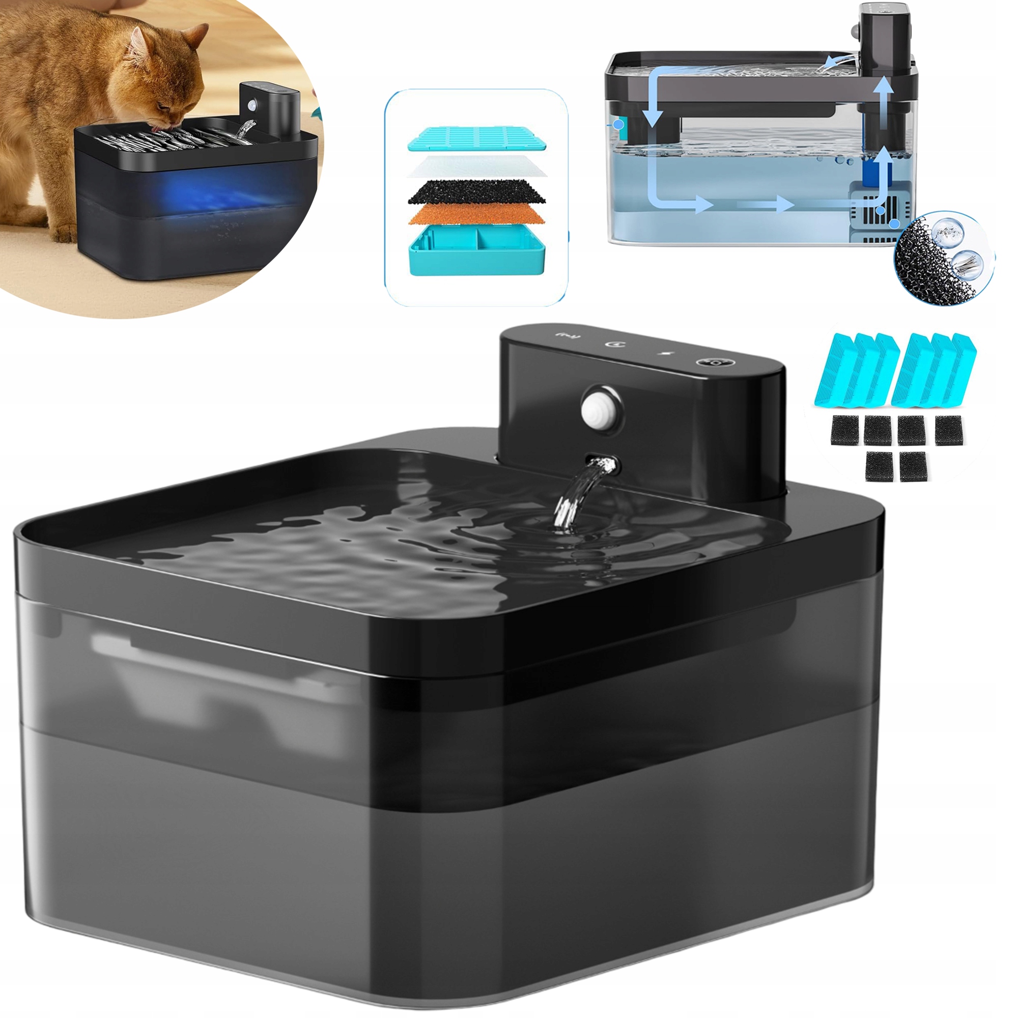 Levně Napáječka Pro Kočky 2.2 L 3 Režimy Pohybu 2600 Mah Led