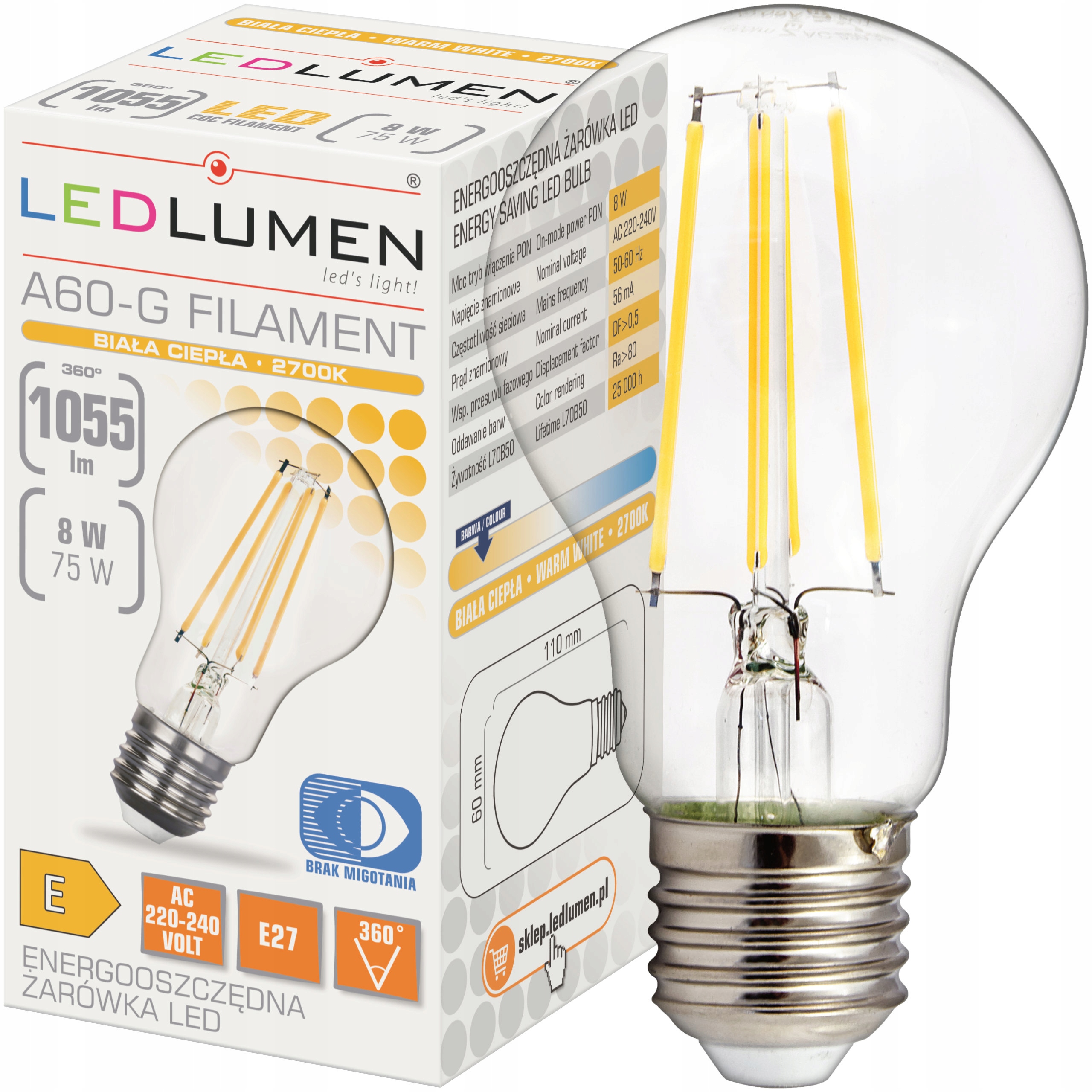 

Żarówka Led E27 A60 8W=75W Filament 1055lm Ozdobna