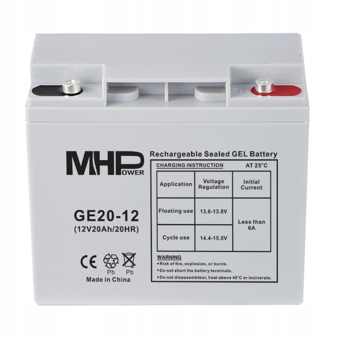 MHPower GE20-12 Gelový akumulátor 12V/20Ah, Terminál T1 M5, Deep Cycle