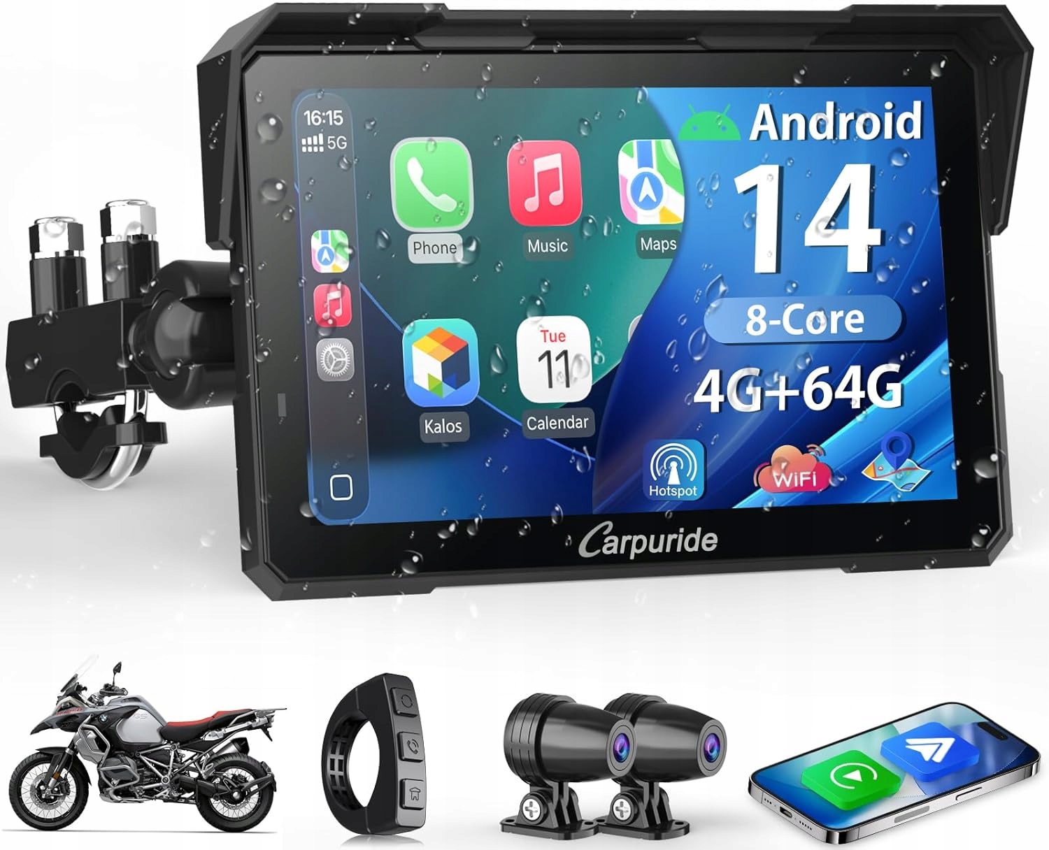 Carpuride W702 Plus Motocyklová obrazovka Android 14 Kamera CarPlay Auto 7 palců