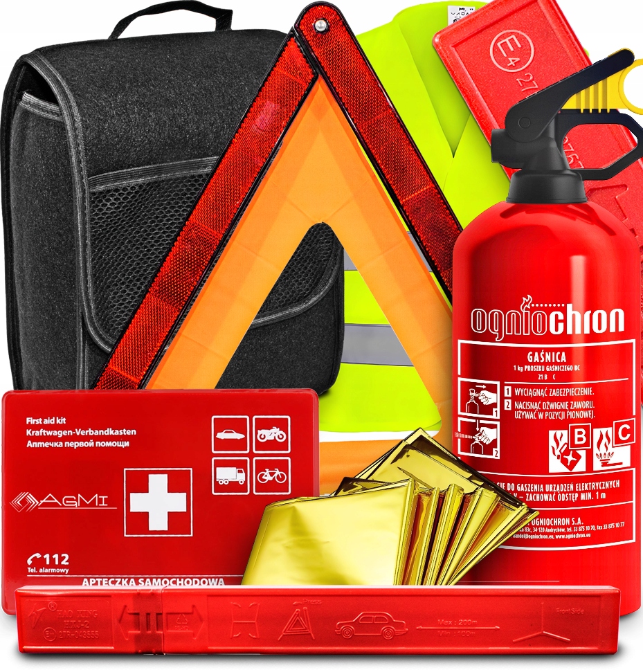 Lékárnička Hasicí Přístroj 1kg Trojúhelník Fólie Nrc Reflexní vesta Organizérová taška