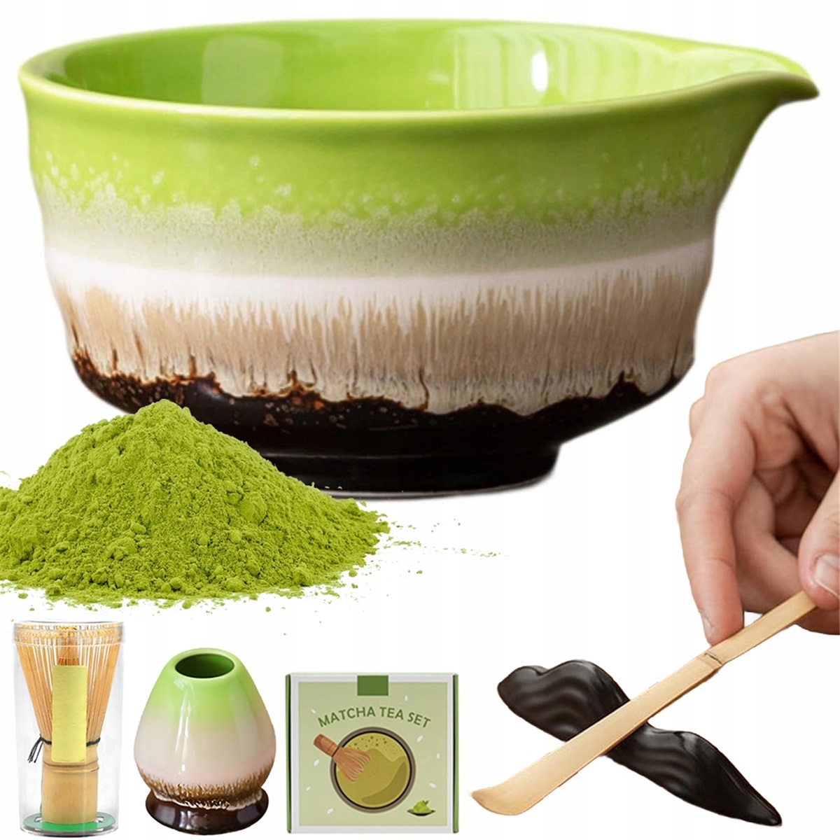 Levně Sada Nářadí Matcha Bambusová Šlehací Miska Keramická Zelená