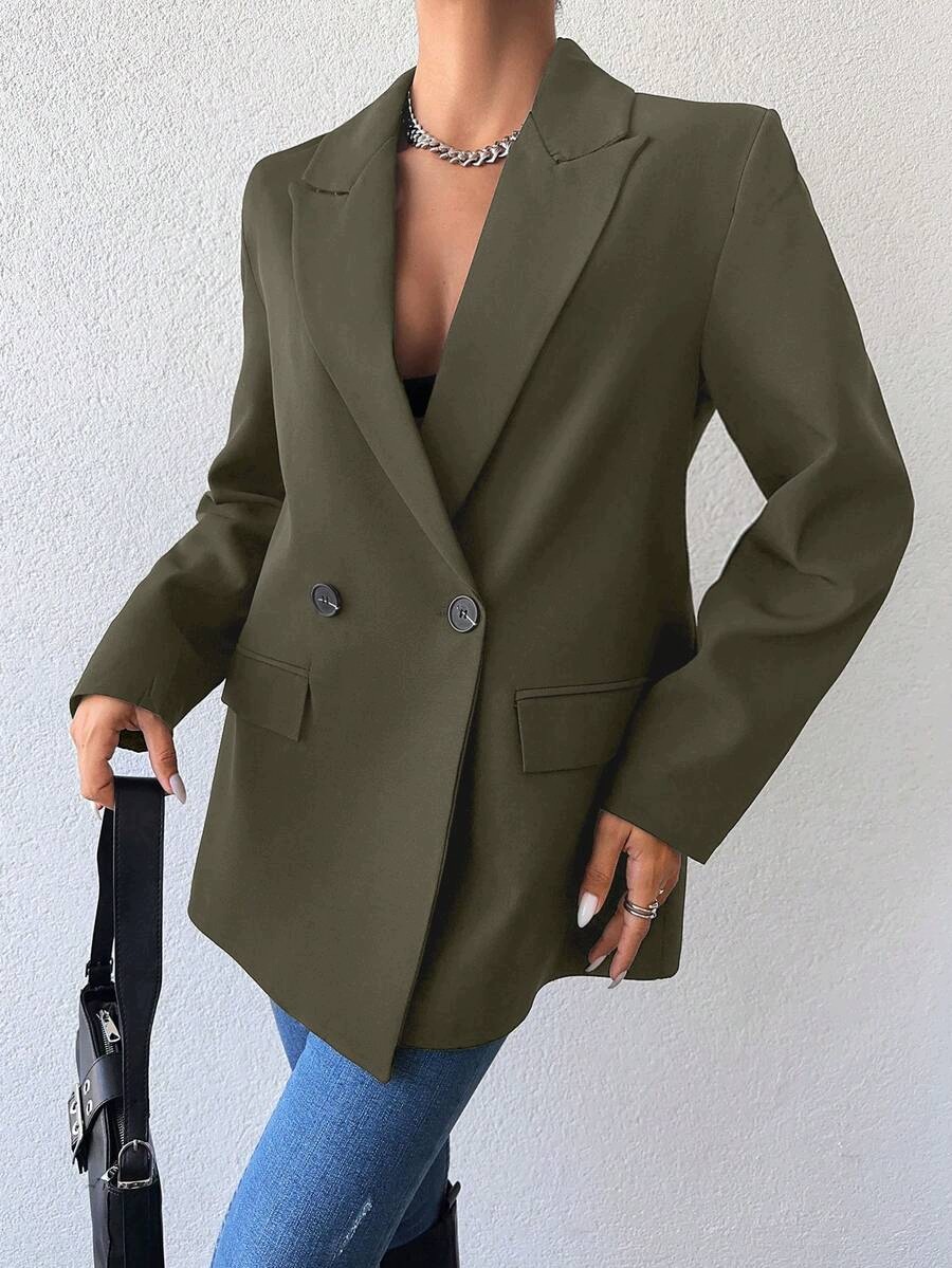 Shein Khaki Dvouřadé Sako S Klopami A Kapsami, Velikost 1XL