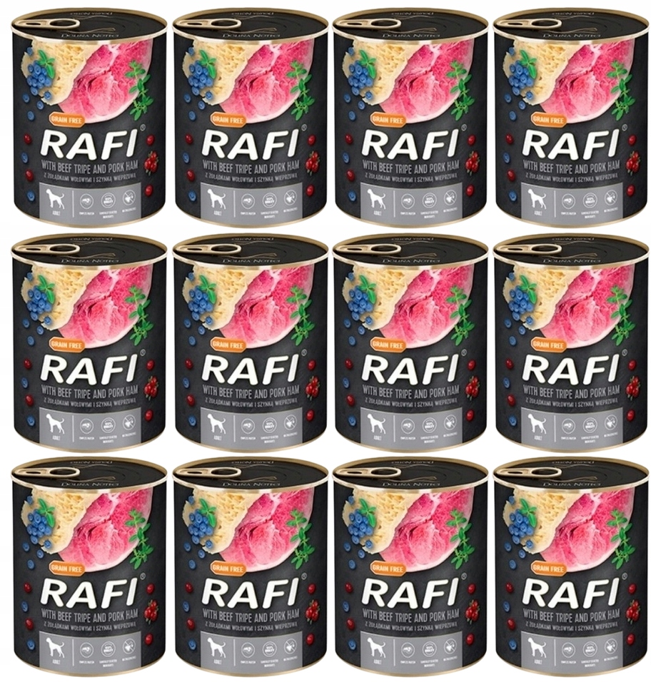 Rafi karma mokra dla psa żołądki wołowe szynka borówka 12 x 800 g