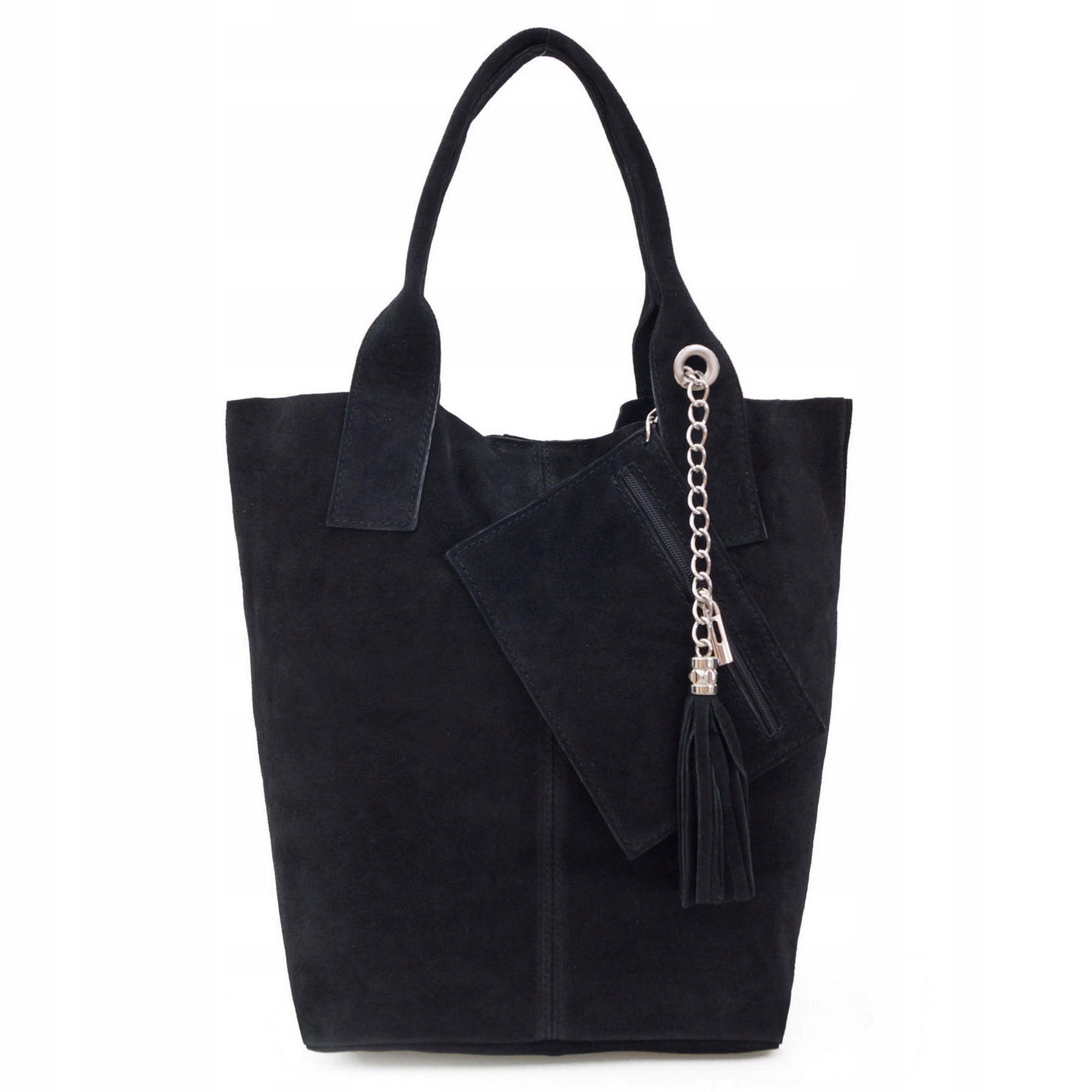 Vera Pelle torebka zamszowa worek shopper na ramię z saszetką Czarna