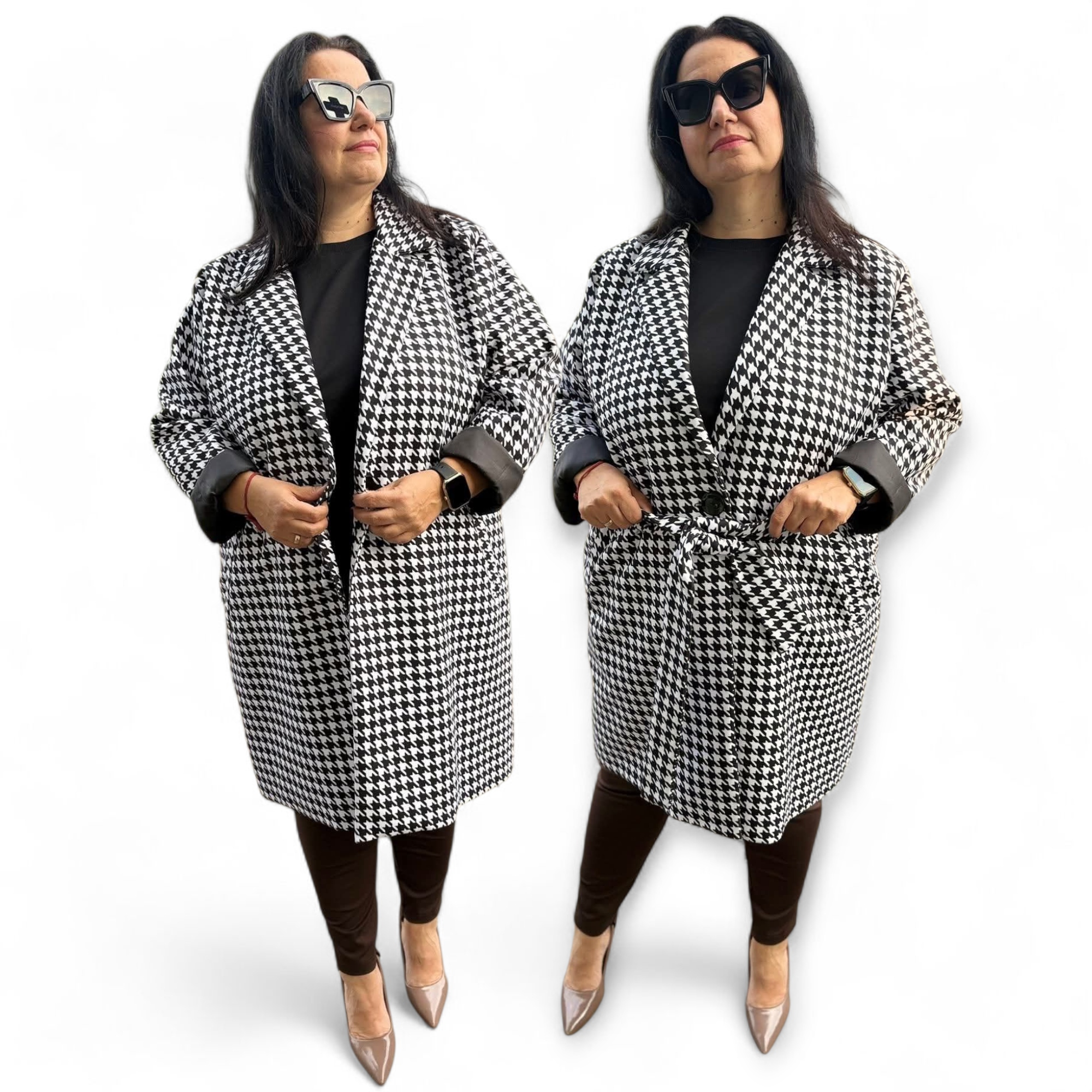 Dámský kabát s páskem, pepitka, velikost plus size, velikost 54/56