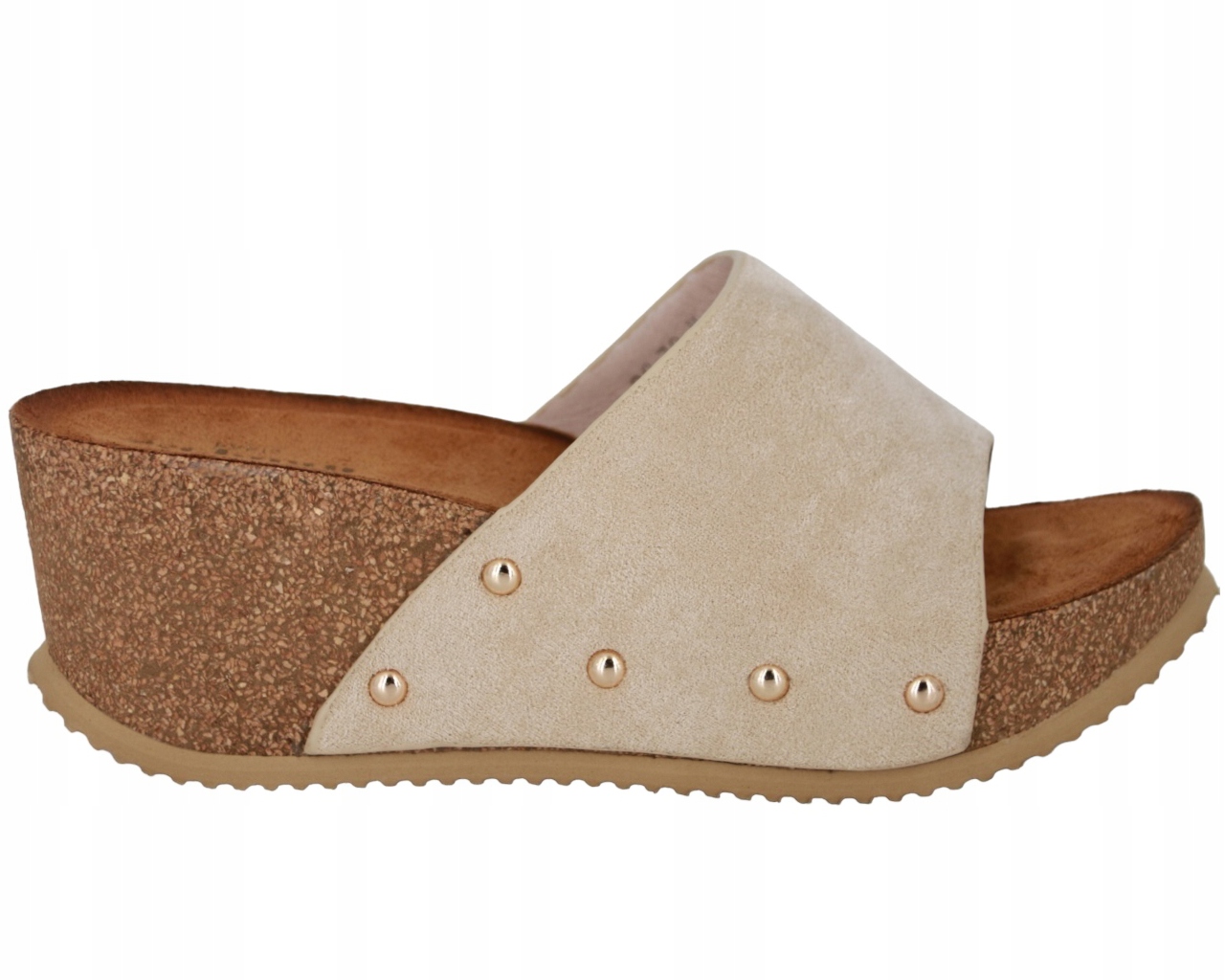 KLAPKI NA KORKOWEJ KOTURNIE PLATFORMIE BEŻOWE ZAMSZOWE Z ĆWIEKAMI 39