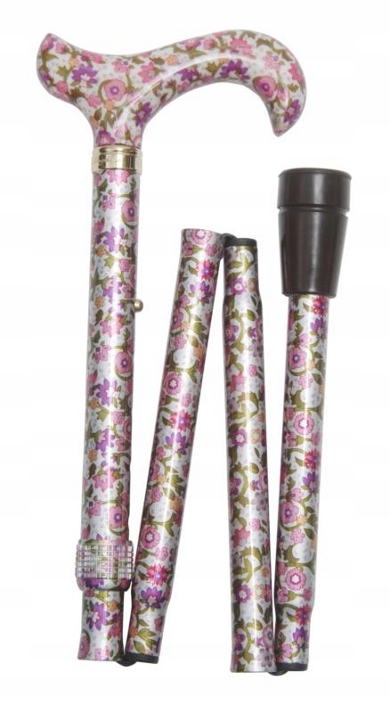 Laska składana ze wzorem, uchwyt Derby różowa w kwiaty