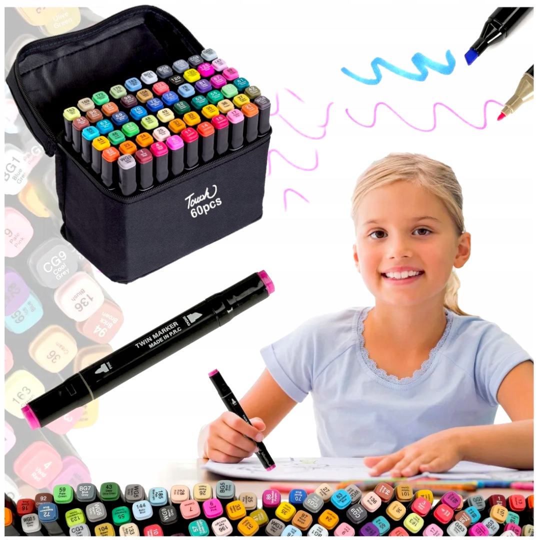 MARKERY ALKOHOLOWE DWUSTRONNE FLAMASTRY MAZAKI PISAKI ZESTAW 60SZT + TORBA