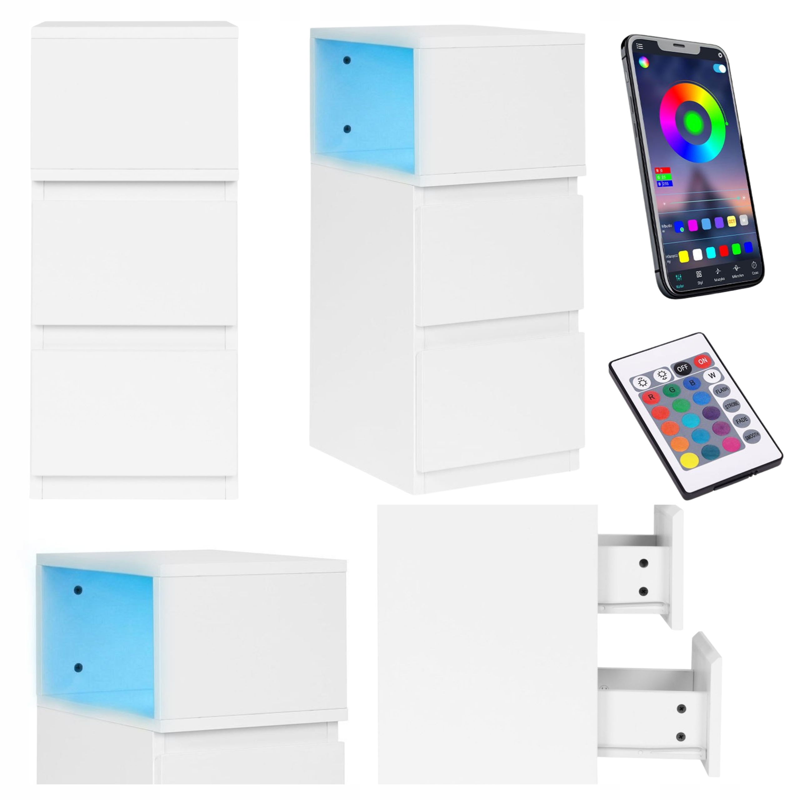 Noční Stolek s Led osvětlením Stolek do ložnice 2 zásuvky Bílá Pilot