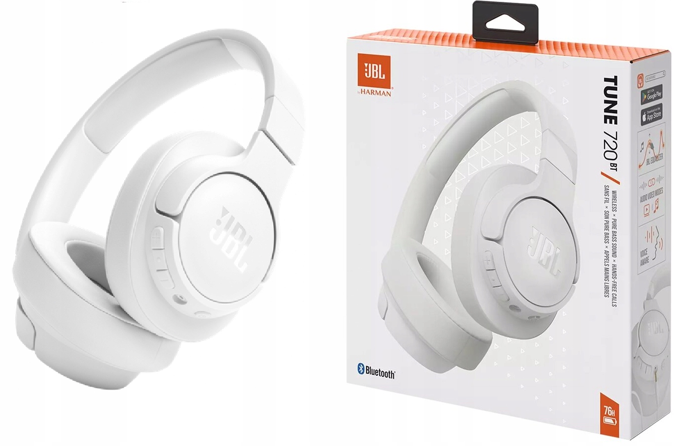 Oryg Jbl Nauszne słuchawki bezprzewodowe Bluetooth Jbl Tune 720BT białe