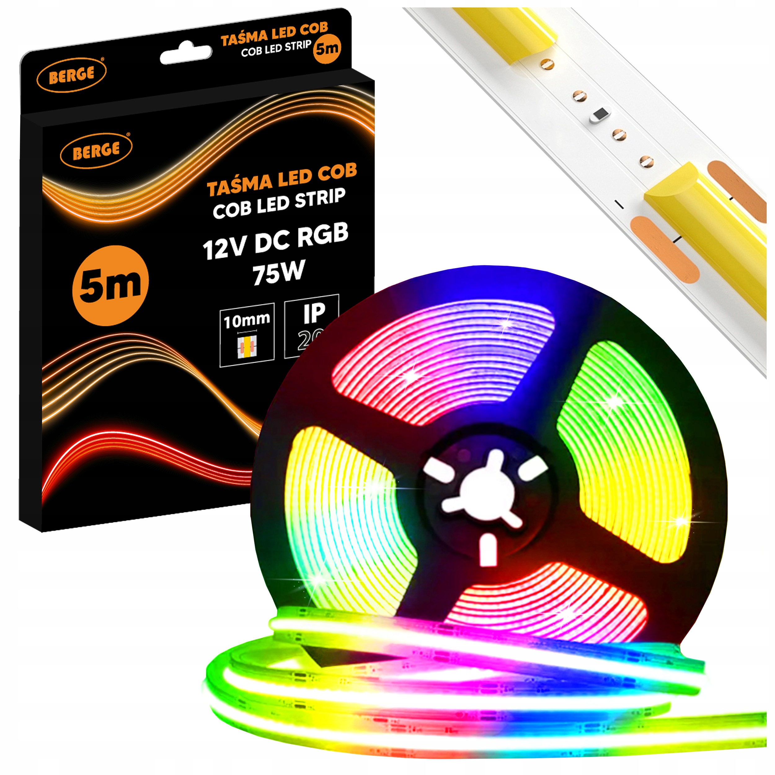 Taśma Led Rgb Cob 12V 5M 15W/m 450D Jednolita Linia Kolorowa IP20 75W 10mm