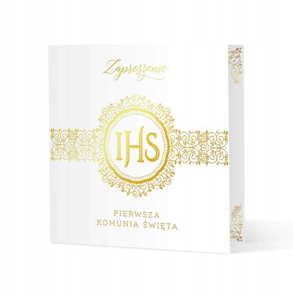 ZAPROSZENIE NA KOMUNIĘ IHS ZŁOTE 14X14 CM 1 SZT Stan opakowania oryginalne