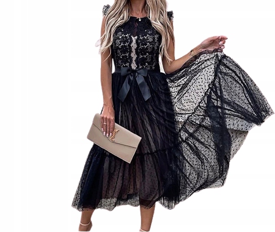 MD tylová černá šaty s béžovým podšitím S