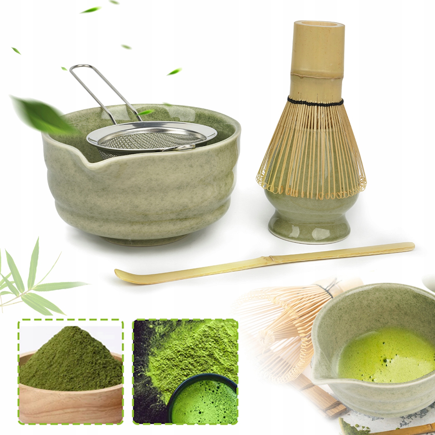 Zestaw do Herbaty Matcha Tradycyjny, Naturalny Bambus Ceramika, 5 Szt.