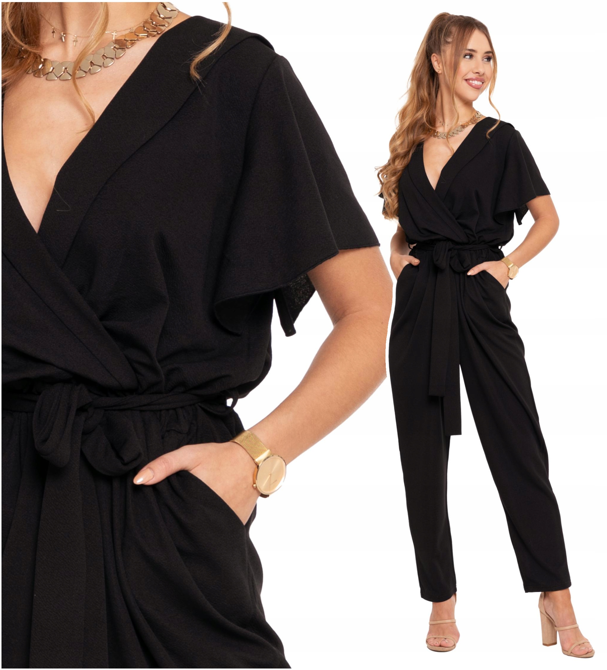 Elegancki KOMBINEZON DAMSKI Czarny Motylkowe Rękawy Gładki Wiązany MORAJ L